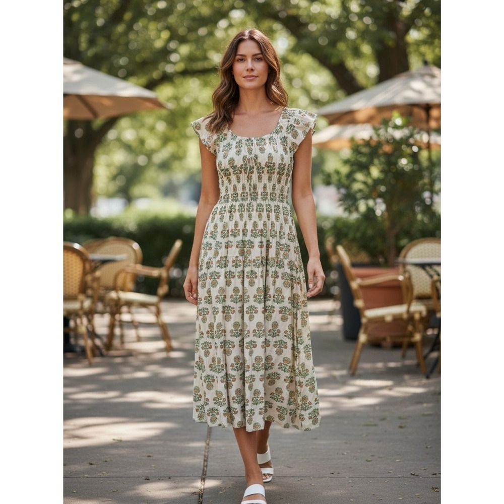 100% Cotton, Floral Smocked Midi Dress in Cream and Green, cottagecore